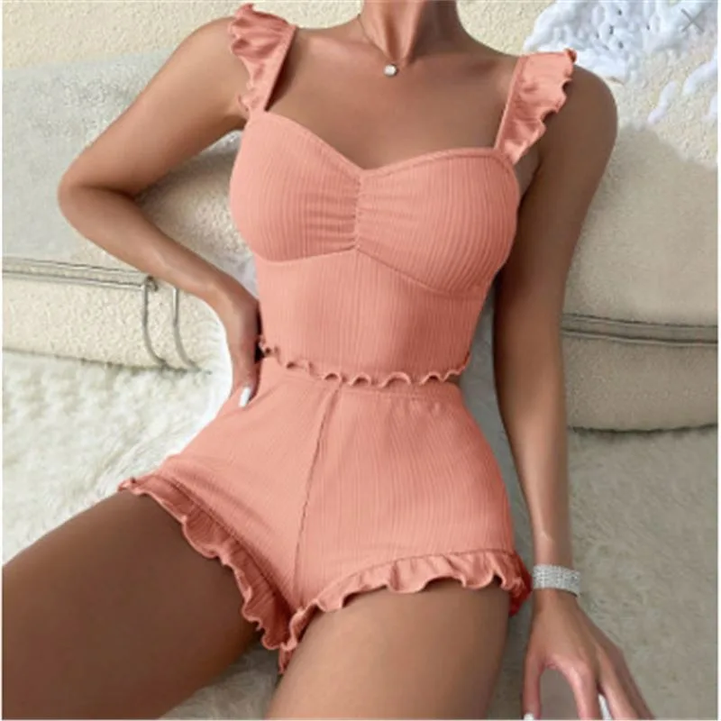2025 New Women Pajama Set Bow Small Fly Sleeve Straps Crop Top & Elastic Waist Shorts 2 Pieces Female Sleepwear Summer Nightwear