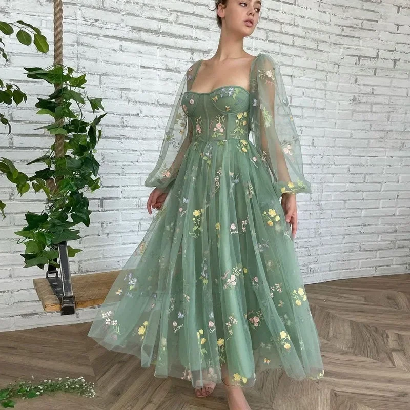 

Elegant Embroidery Party Evening Dresses for Women Dubai Puff Sleeve Ball Banquet Gown Prom Dress Backless Bridesmaid Vestidos