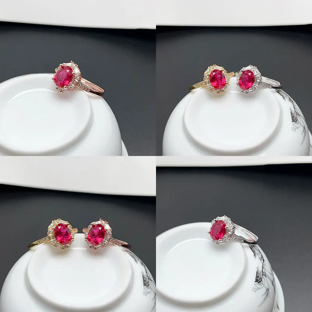 925 Silver Man Made Sapphire Ruby Ring 6mm*8mm High Quality Lab Created Crystal Ring with 3 Layers 18K Gold Plating - Image 5