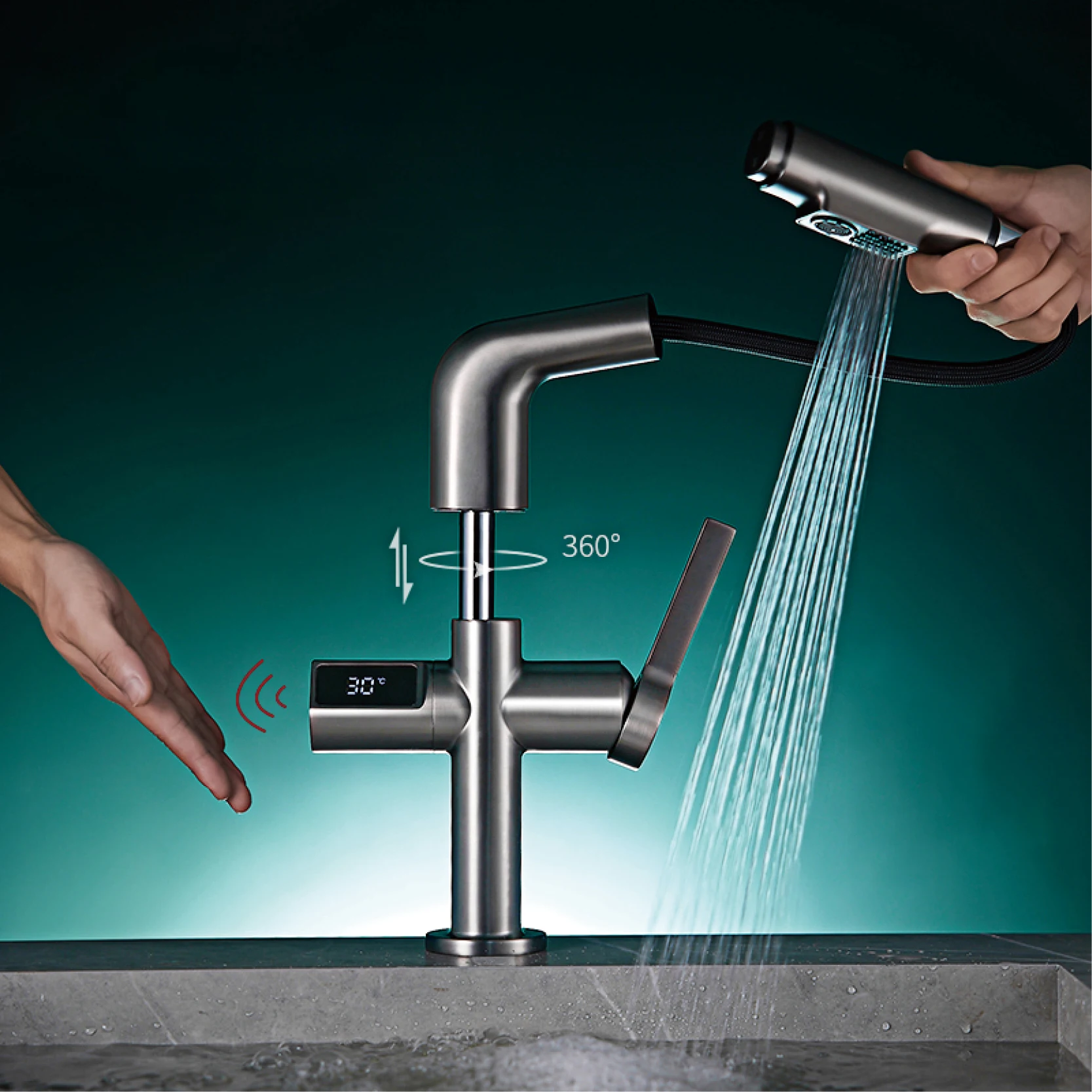 Light luxury gun gray brass kitchen faucet digital display induction design single handle cold & hot dual l 2 function sink Tap