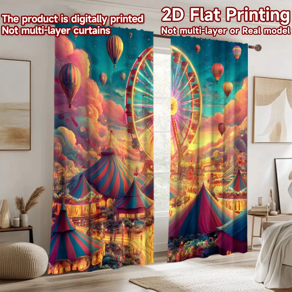 2D flat printing 2pcs Party Curtain Carnival Festival Ferris Wheel Hot Air Balloons Digital Printed Polyester Drapes Festive view 4