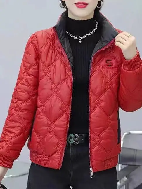 

Красная стеганая хлопковая куртка для женщин, зимняя, универсальная, с ромбовидным узором, хлопковое пальто, верхняя одежда