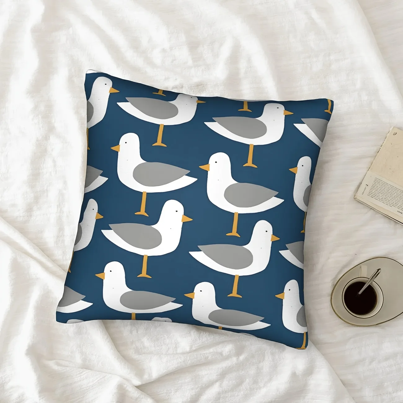 Coastal Seagull Print Throw Pillow Cover Navy Blue Cute Bird Pattern Cushion Case for Nautical Beach Home Decor Sofa Couch
