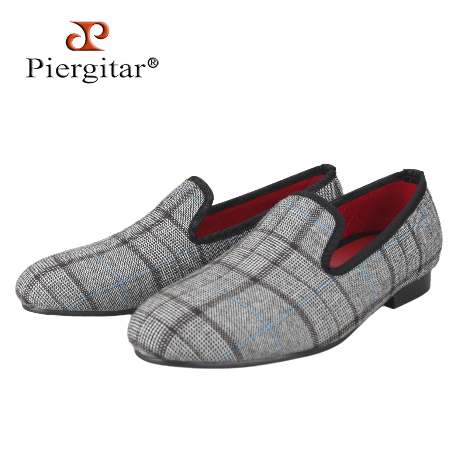 Piergitar Classic Style Grey Plaid Woolen Men's Loafers For Party And Banquet Wear Handmade Slip-On Flats Quilted Cotton Lining