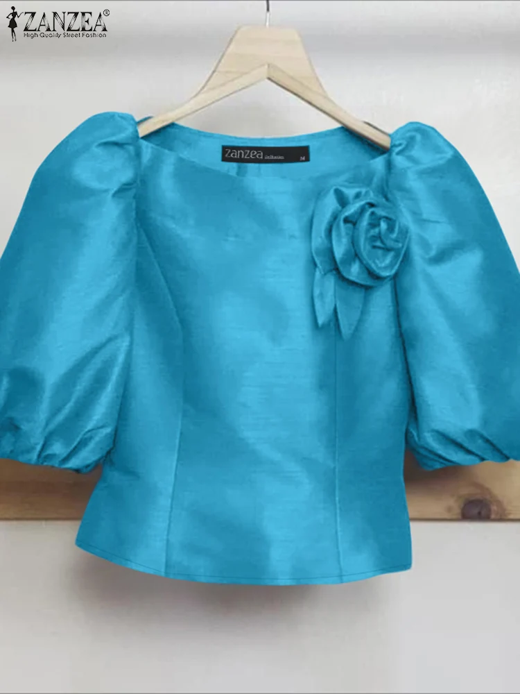 

ZANZEA, стильные тканевые блузки с цветочным принтом, женские элегантные атласные блузки с вырезом лодочкой и рукавами-фонариками, осень 2021, однотонные топы для поездок на работу