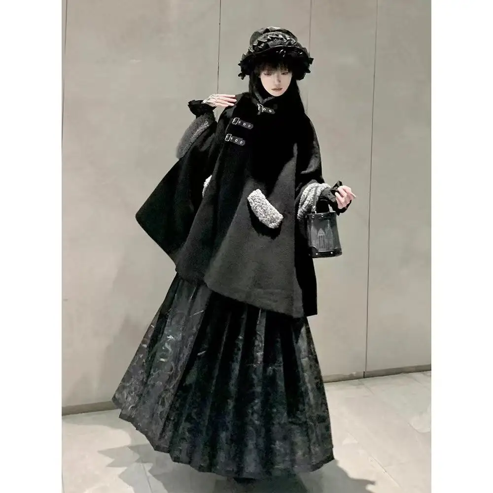 

New Chinese Style Coat Cloak Women's Plush Collar Sleeved Overcoat Vintage Cheongsam Hanfu Matching Topa Trendy Y2K Black Outfit