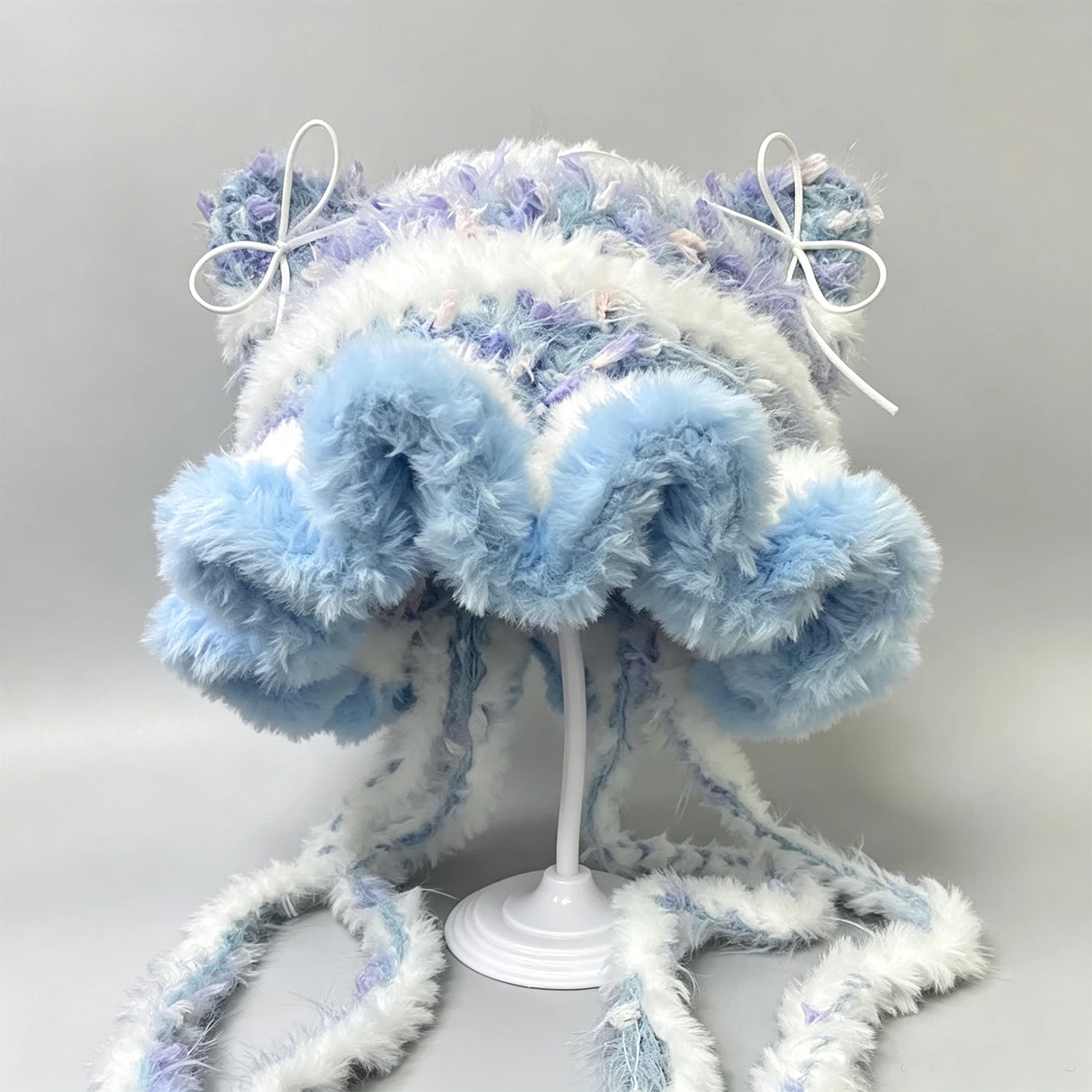 Custom Handmade Crochet White Blue Striped Cat Ear Hat Women Soft Knitted Ruffled Beanie Girls Kawaii Lolita Winter Warm Hood