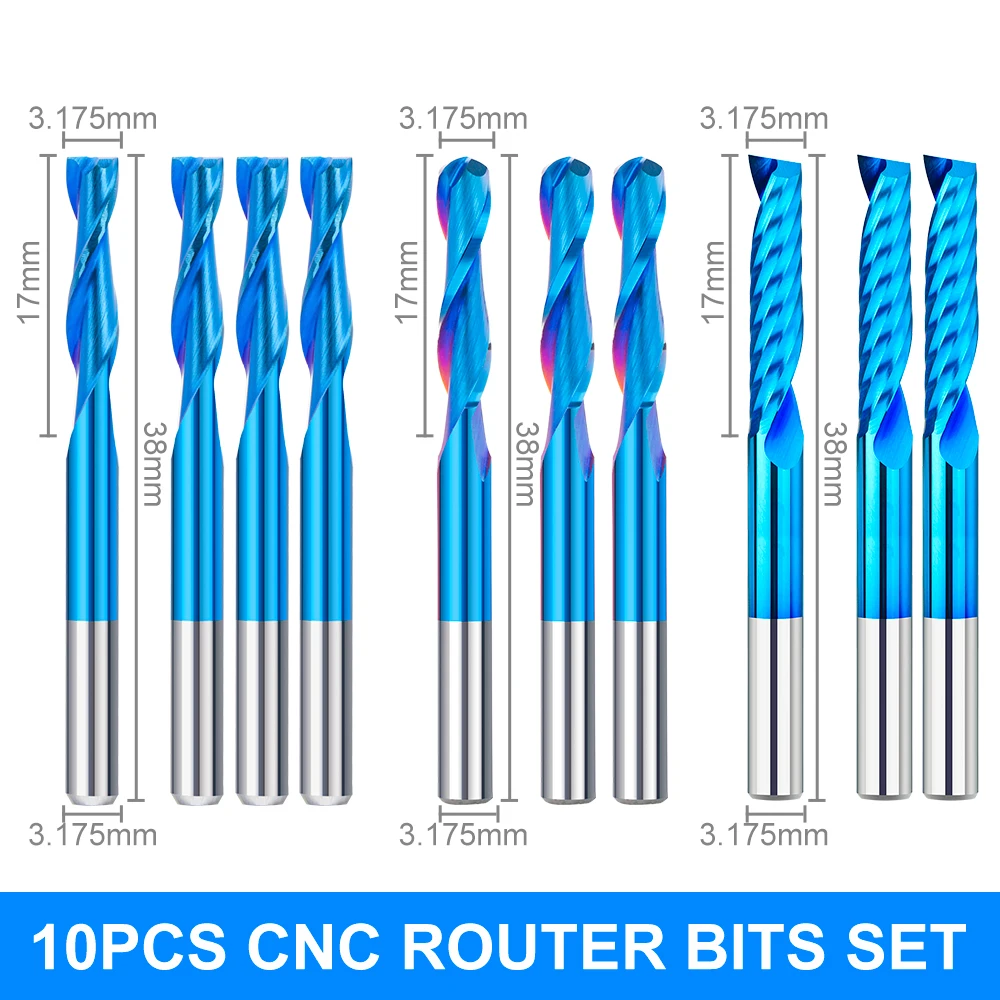 XCAN 10 قطعة نهاية مربعة مطحنة الكرة الأنف كربيد قاطعة المطحنة 1/8 ''CNC راوتر بت فلوت واحد 2 الناي قواطع الخشب أدوات
