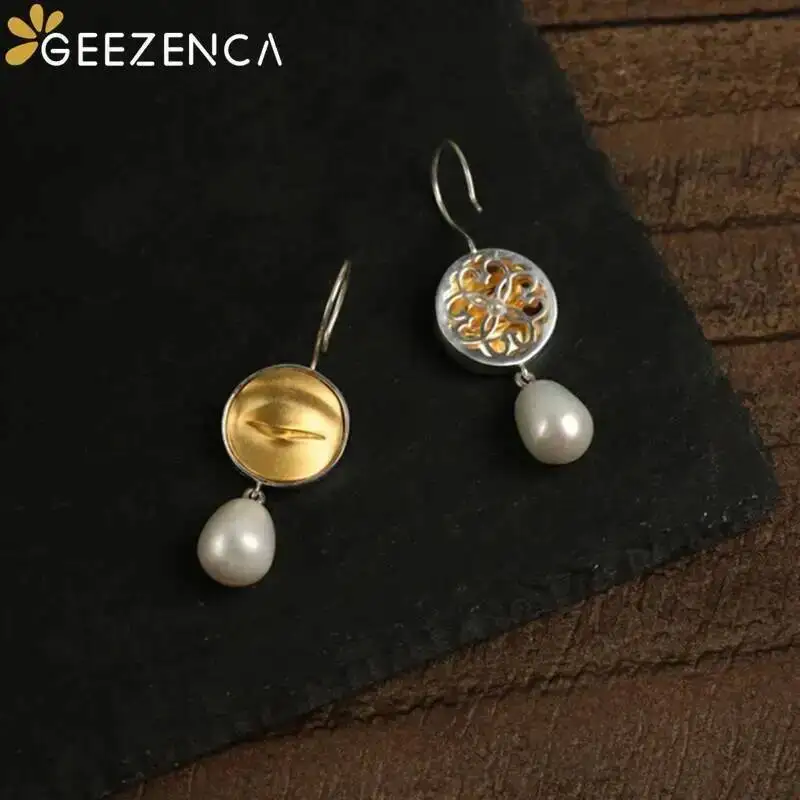 GEEZENCA 925 Silver Two Tone Natural Pearl Dangle Earrings for Women Buddha Statues Bodhisattva Eye Unique Chic Earring New Gift