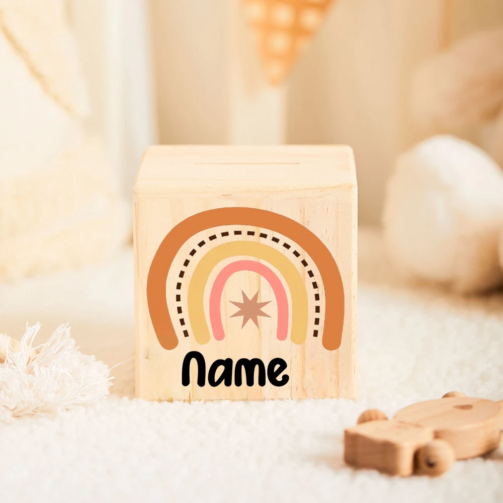 Custom Baby Rainbow Money Box Wooden Name Piggy Bank for Girls and Boys Children Money Box with Arinbow Style Baptism Gifts