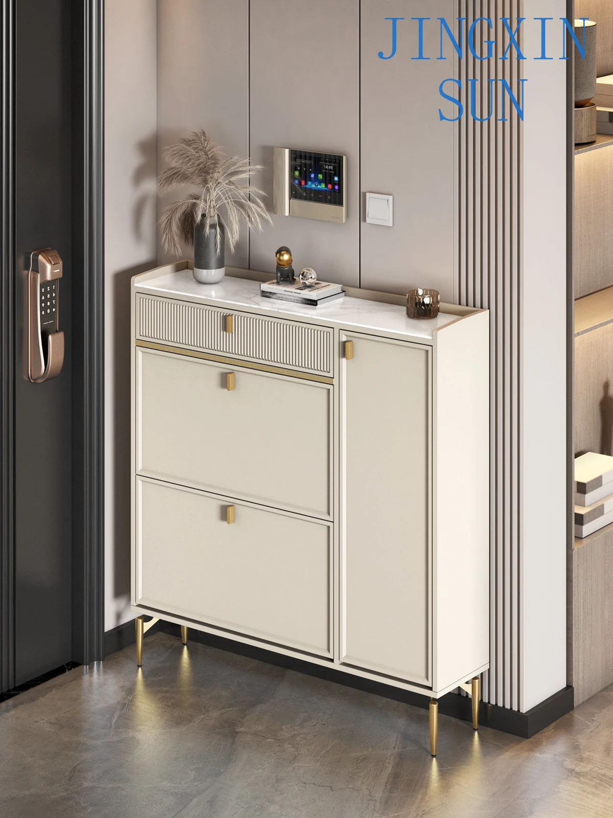 super narrow and luxurious drawer at home entrance, rock board, and storage cabinet behind the entrance door