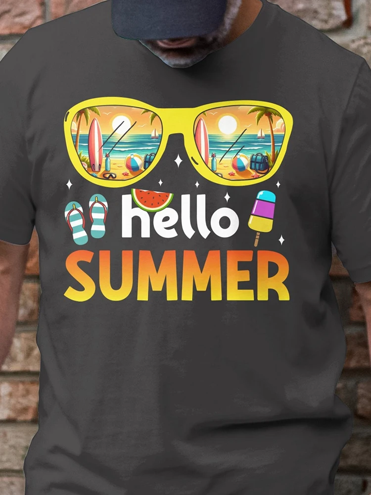 Sunglasses Watercolor T-Shirt Hello Summer Art Tees Trendy Short-sleeved Tops With Beach Vibes Ocean Lover T-Shirt For Men