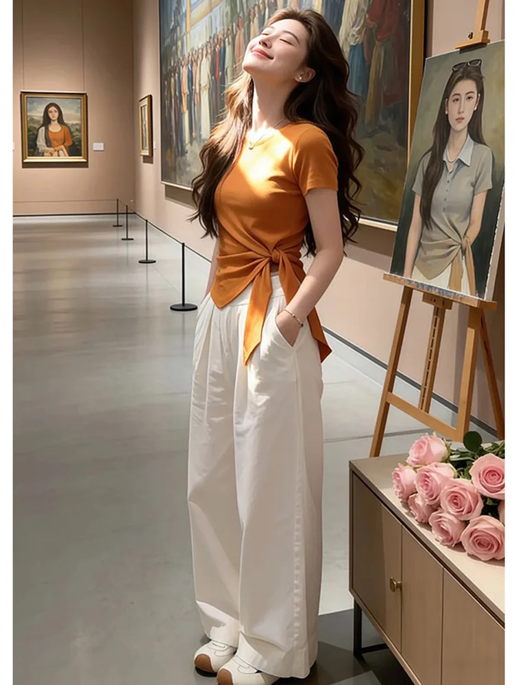 Summer Casual Style Women's T-shirt Loose Fit Short Sleeve Knot Design Versatile Light Maturity Style Commute High Waist