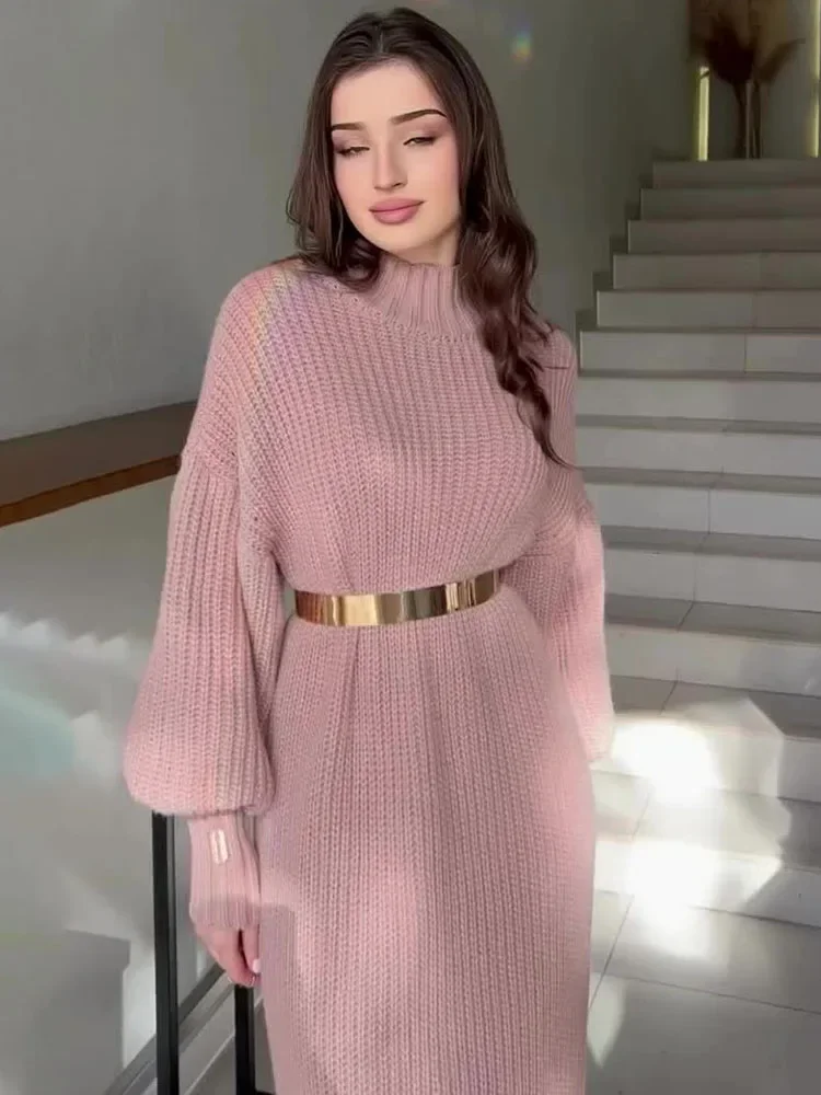TARUXY Knitted Long Dress With Belt Women\'s Turtleneck Pullover Solid Sweater Dresses Fashion Long Sleeve Holiday Party Clothes