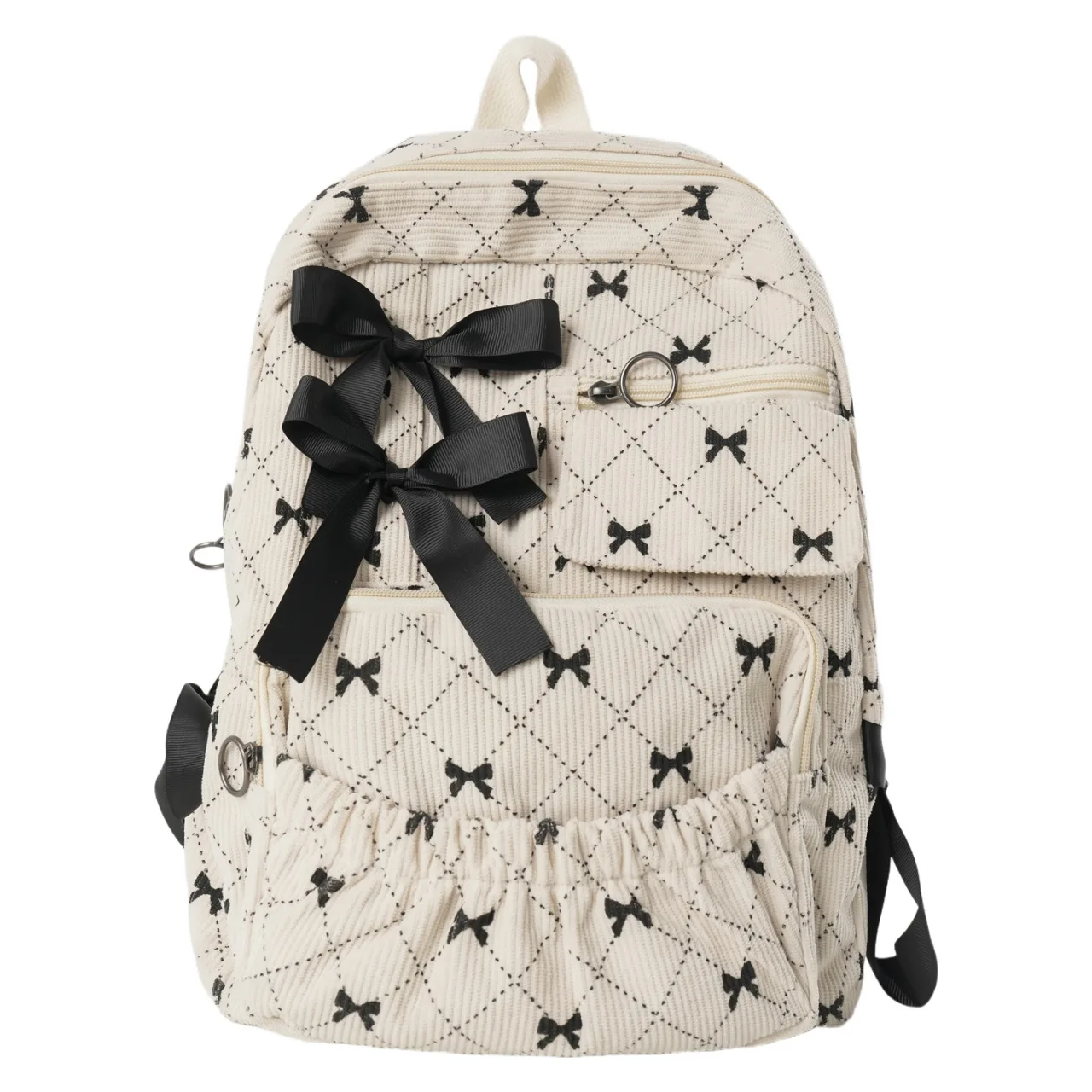 Winter-Retro-Rucksack aus Cord für junge Mädchen, süßer Tagesrucksack, lässiger literarischer Schulrucksack mit Schleifenmuster, mehrere Taschen, Kawaii-Rucksack