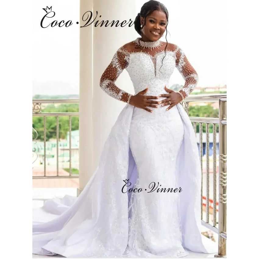 

Customized Crystal Beading Long Sleeves 2 in 1 Wedding Dress 2026 Illusion Mermaid Wedding Dresses With Detachable Skirt W1501