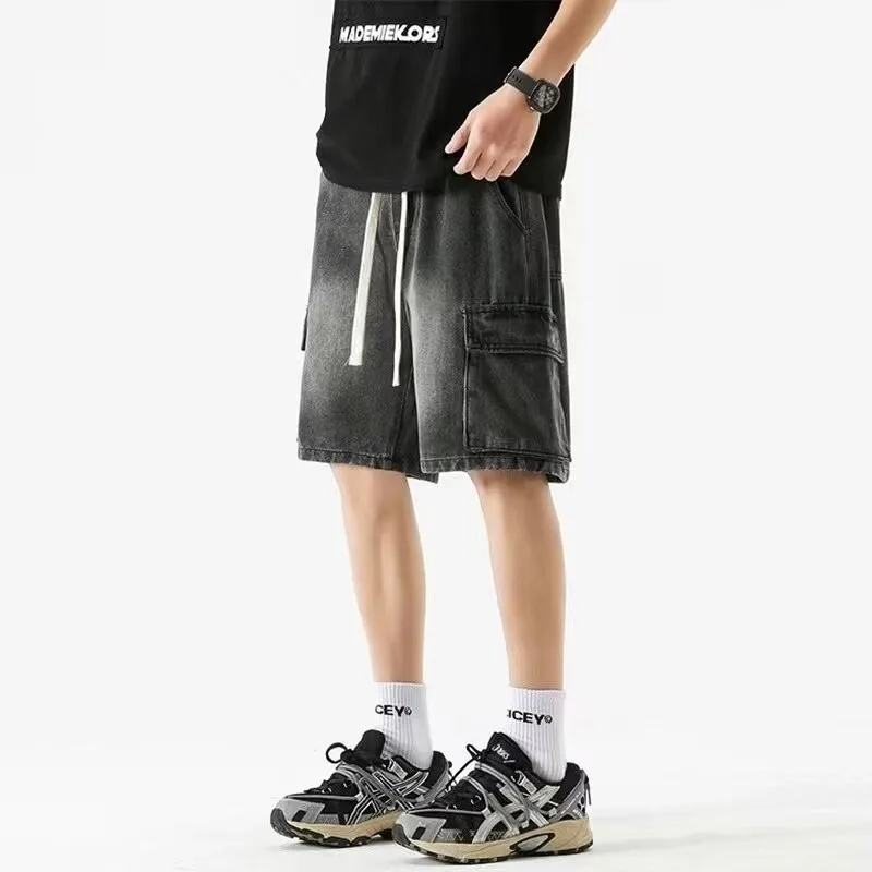 American High Street Multi-pocket Work Denim Shorts Men's Ins Elastic Waist Loose Straight Five-point Pants Baggy Short Jean