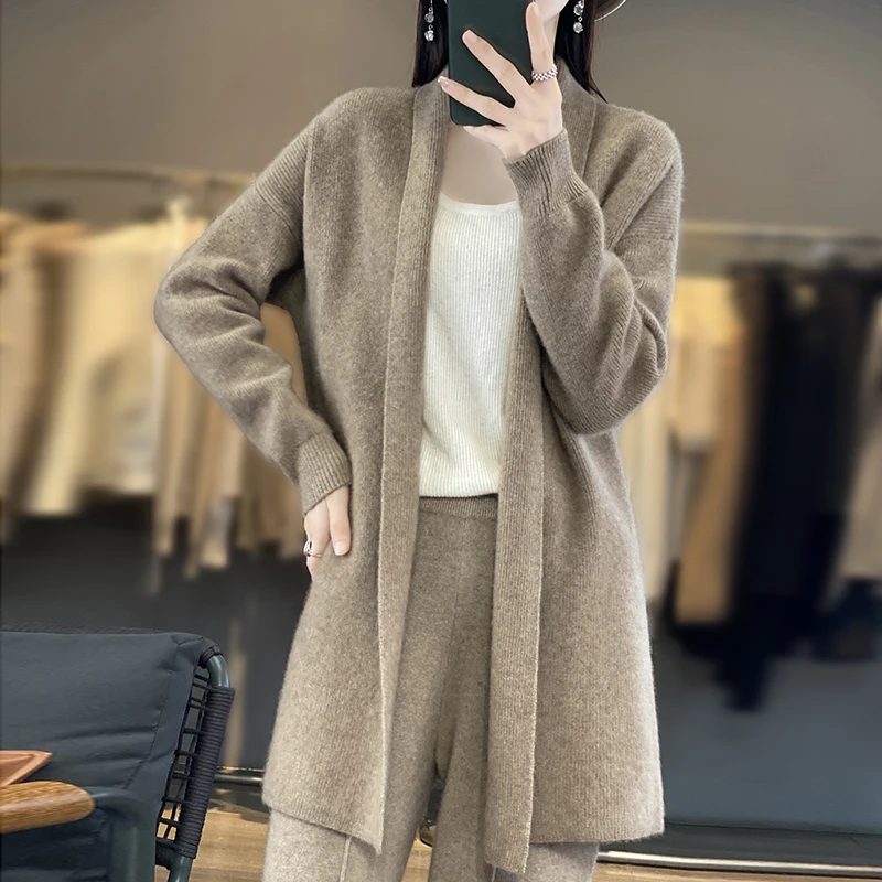 가을 여성용 가디건 100% 메리노 울 라펠 코트 솔리드 컬러 니트 롱 가디건 루즈핏 여성 의류 한국 스타일 코트