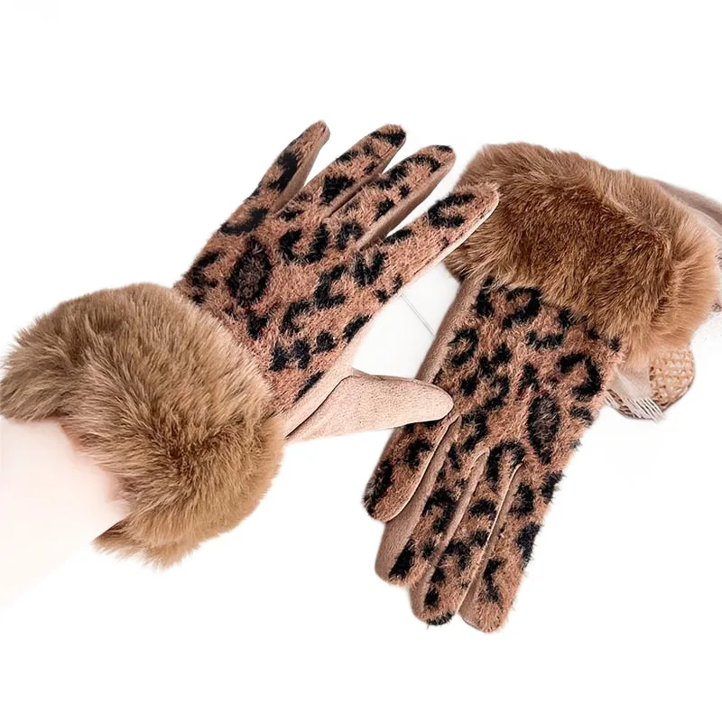 قفازات من جلد الغزال بطبعة الفهد لركوب الدراجات في الشتاء - قفازات نسائية دافئة مقاومة للبرد ومضادة للرياح مبطنة بالصوف للخريف والشتاء #5