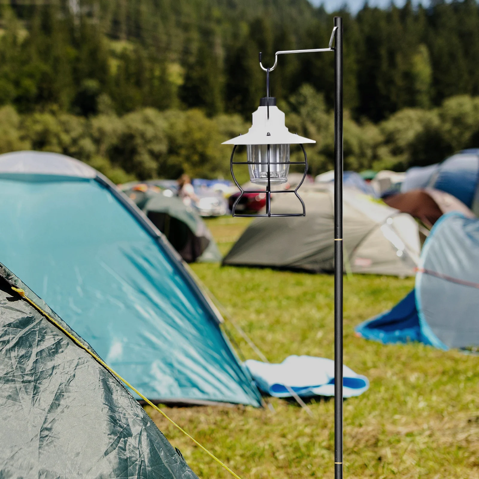 

1 pcs Portable Black Aluminum Lantern Stand 4 Section Double Hooks Light Rack for Camping Hiking Fishing Outdoor Use Lightweight