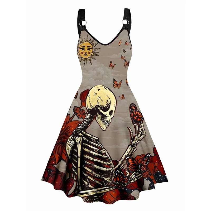 2024 Womens Casual Midi Dresses Floral Skeleton Butterfly Sun Print V Neck Dress O Ring Straps Sleeveless A Line Dress