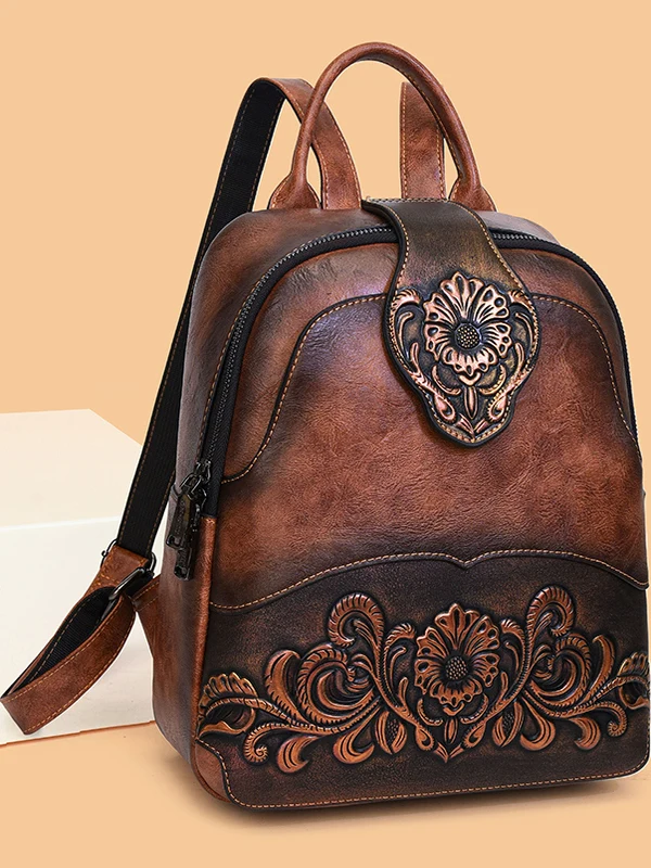 High-End Casual Floral Embossed Large Capacity Backpack Women's 2025 New Style Retro Ethnic Double Shoulder Bag for Elderly M...