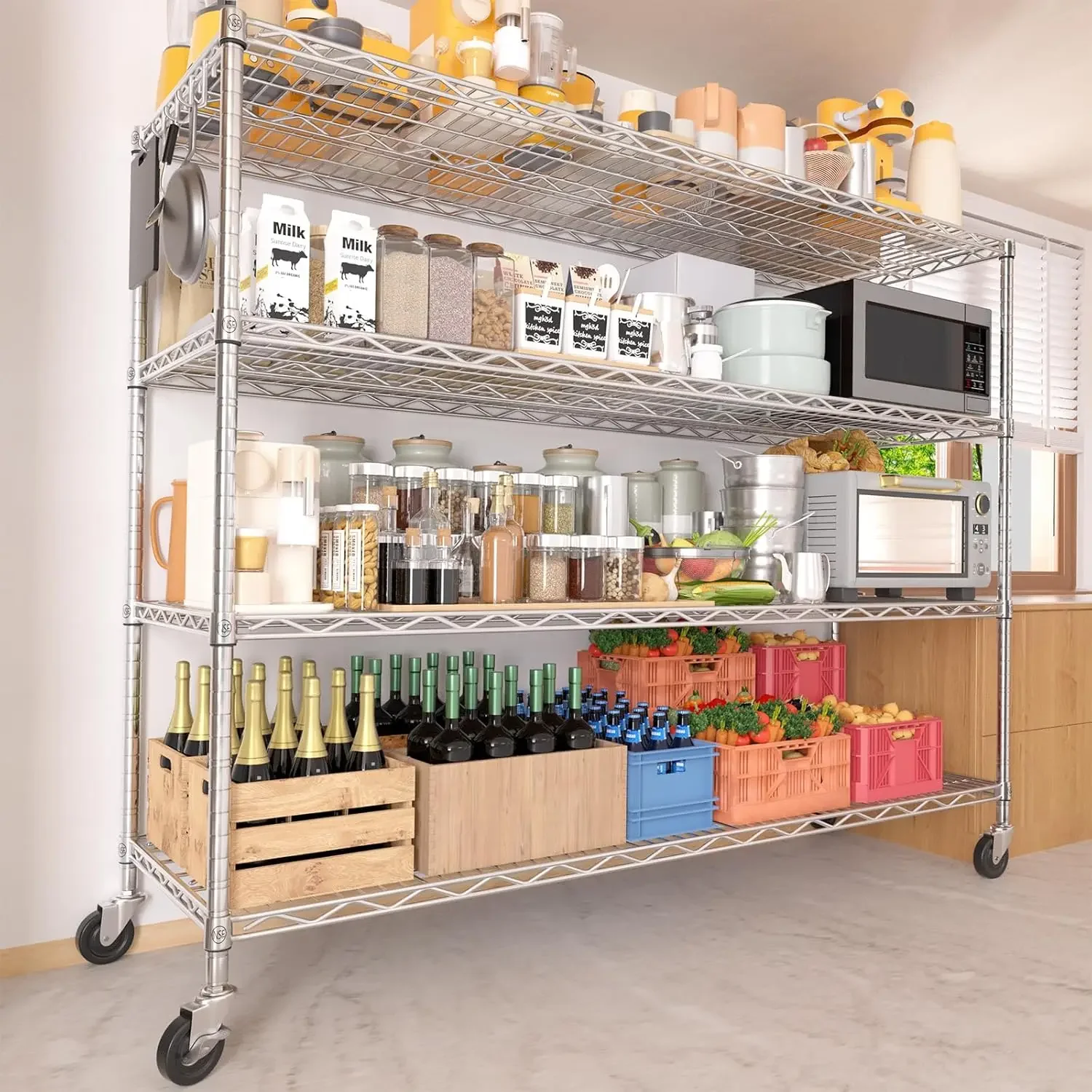 4-Tier Wire Shelving 55.5x24x76in 2400lbs NSF Heavy Duty Adjustable Metal Rack on Wheels for Garage Kitchen Warehouse, Custom