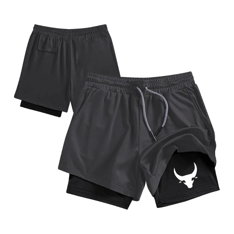 Men's Double Layer Running Shorts with Liner Phone Pocket Towel Loop Quick Dry Athletic Workout Training Multi-functional Short
