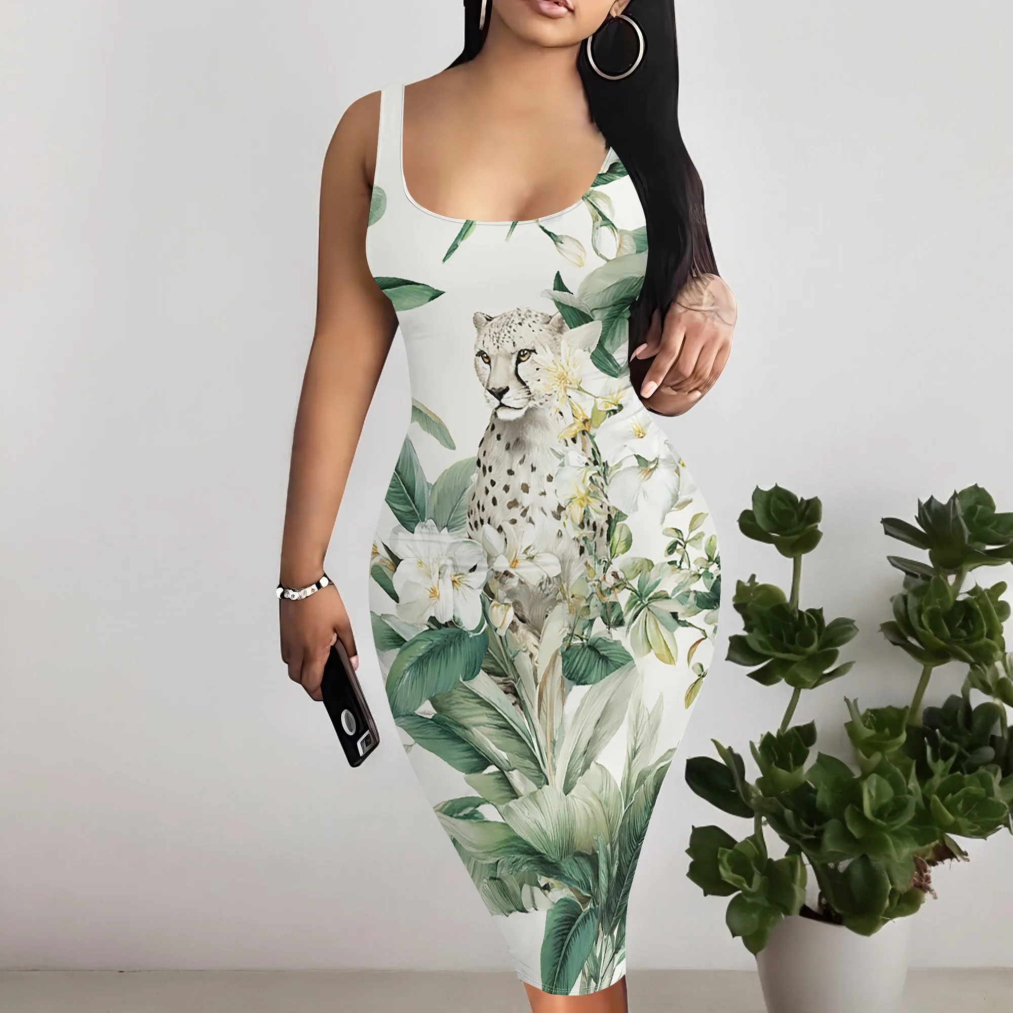 

Cheetah Print Women's Bodycon Cocktail Dress Sleeveless Elegant Evening Party Gown for Gala S-3XL