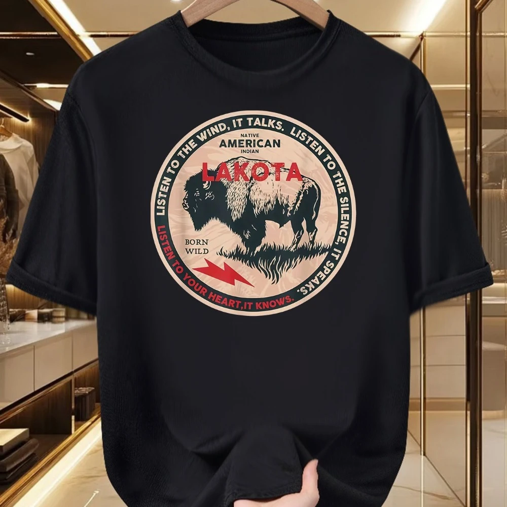 Herren-T-Shirt mit Lakota-Indianermotiv - Auffälliger Büffeldruck & Lakota-Textdesign Herren-T-Shirts für den Sommer