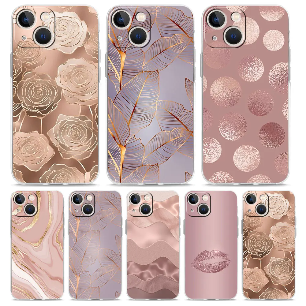 

Phone Case For iPhone 16 15 14 13 12 11 Pro Max XS X XR 7 8 Plus soft Shockproof TPU Clear Cover Beautiful Rose gold art