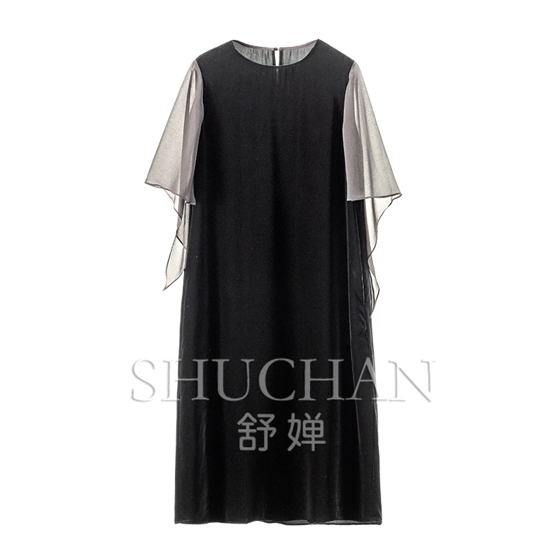 

Elegant Tone, French Light Luxury Silk Velvet Spell Irregular Bat Sleeve Dress Women 75C1 Birthday Dress for Women