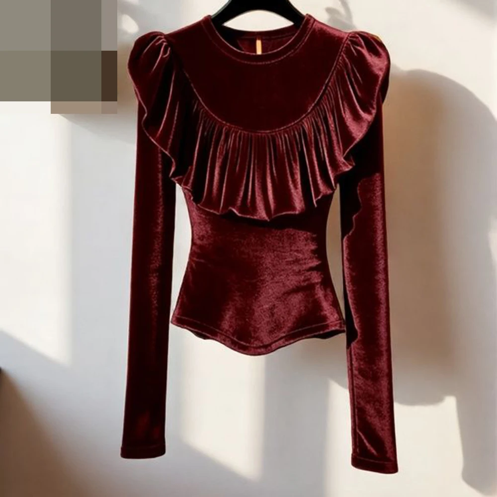 New Year's ruffled shirt women's winter underwear  high-end super good-looking, unique and beautiful burgundy velvet top spring