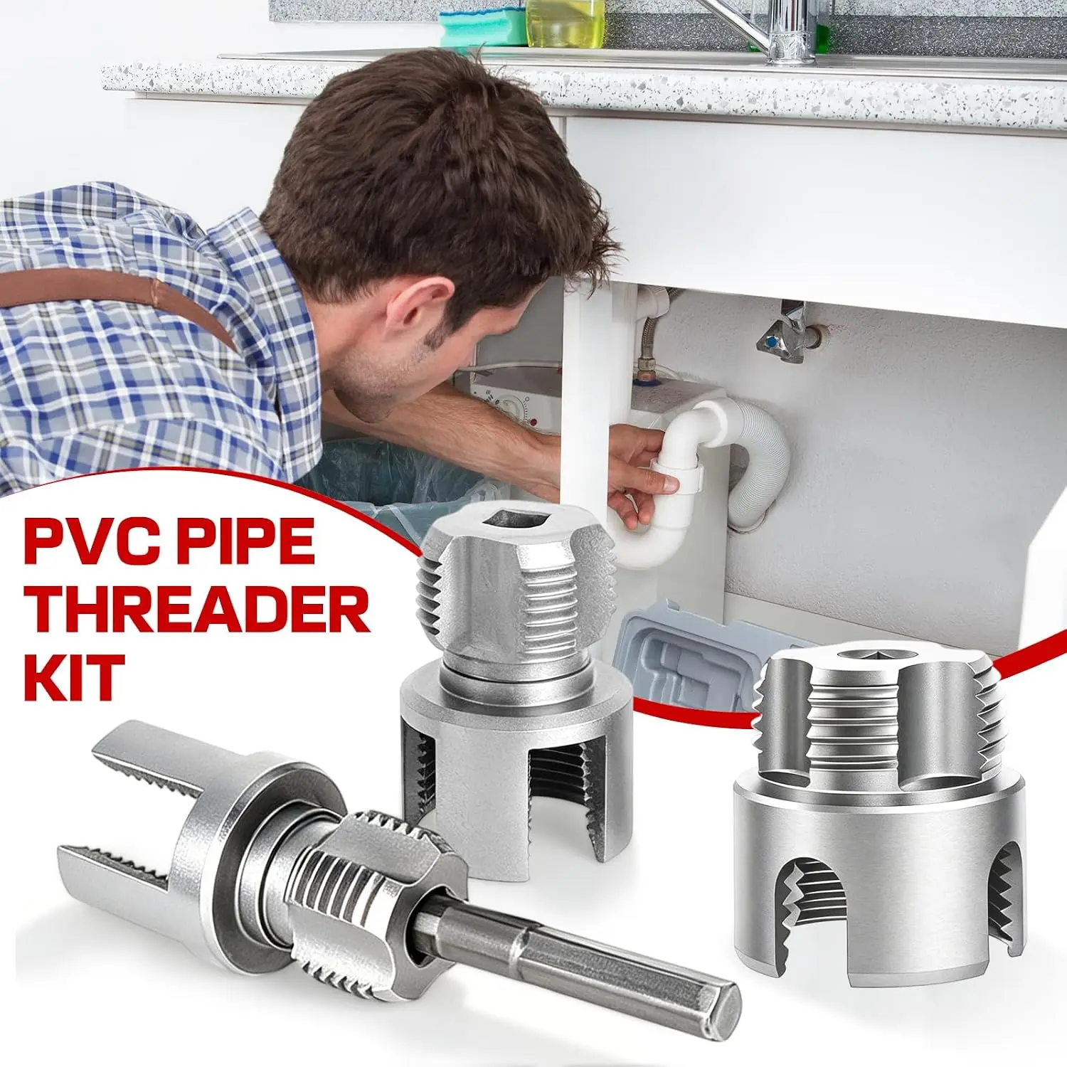 4-in-1 Pipe Thread Processing Tool Set, Suitable for Internal/External Pipe Thread Cutting of 1/2, 3/4, and 1 inch PVC Pipes