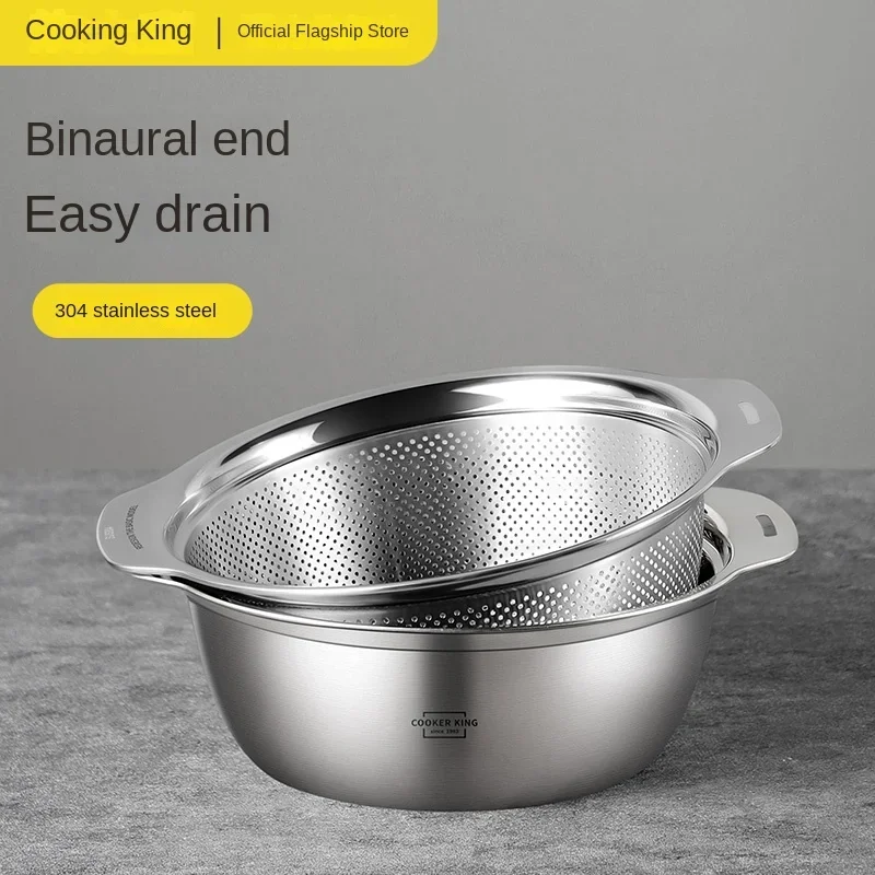 COOKER KING 304 Stainless Steel Drain Basket Vegetable Washing Artifact Basin Household Kitchen Sieve Rice Rinsing Basin Double