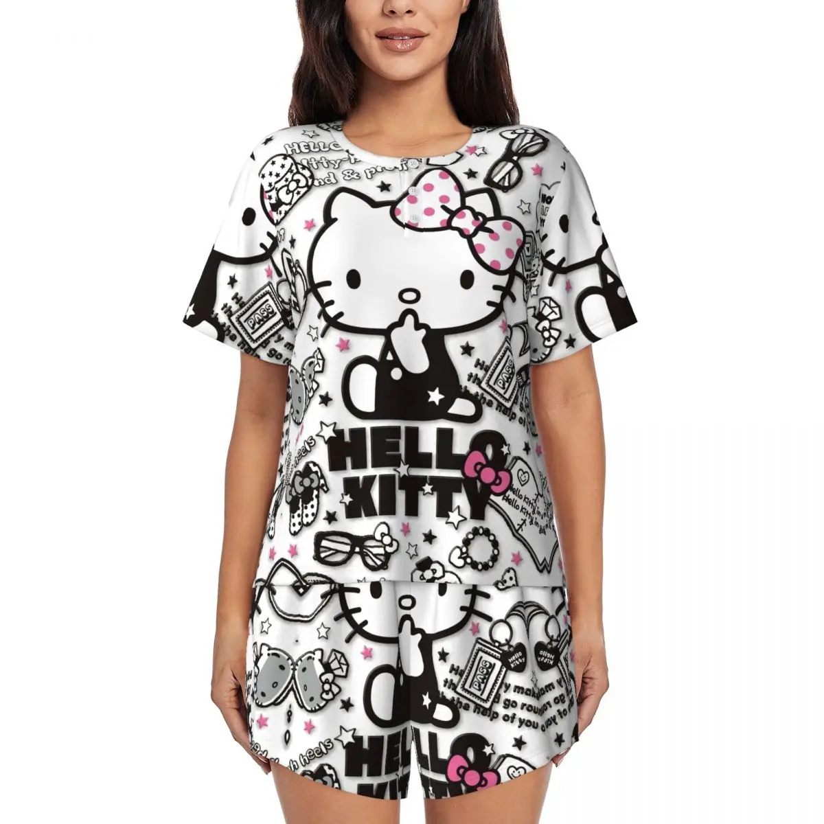 

Пижамный комплект Hello Kitty на заказ, женская одежда для сна из 2 предметов с короткими рукавами, домашняя одежда, комплекты шорт PJS