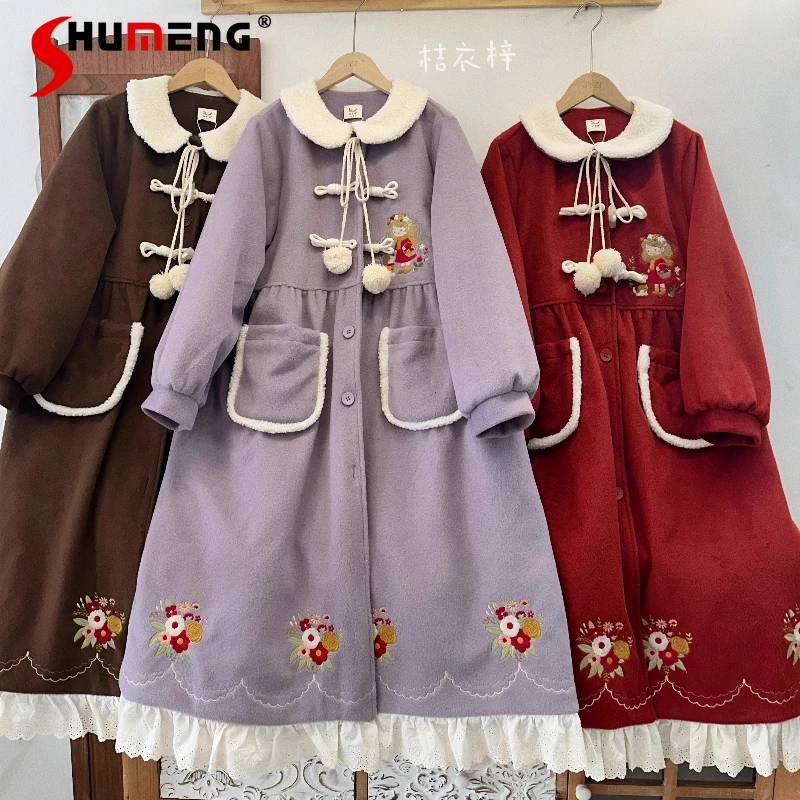

Mori Girl Cla Lolita Long Outerwear Autumn Winter New Women's Loose Slim Sweet Embroidery Heavy Overcoat Woolen Coat Jacket