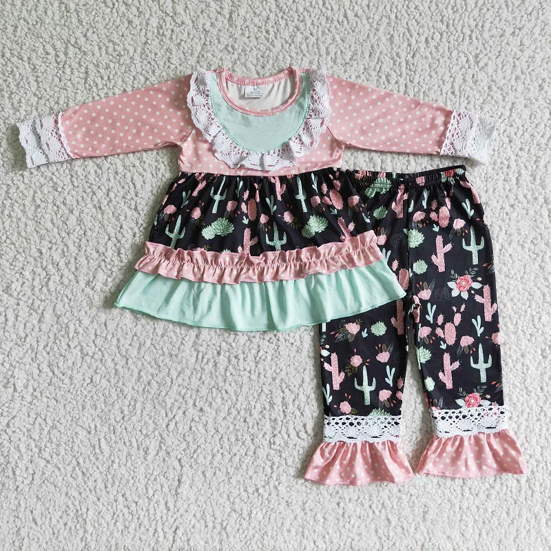 

Toddler Arrivals Spring Fall Fashion Baby Girls Cactus Lace Long Sleeve Lace Pants Set Wholesale Boutique Children Outfit