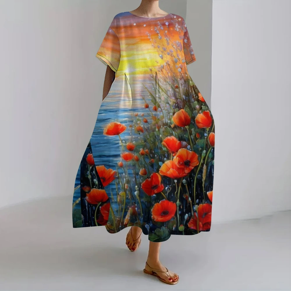 Artistic Vibrant Floral Prints Dress Boho Red & Orange Flowers Printed Skirt Flowing Floral Dress Summer Beach-Inspired Wears