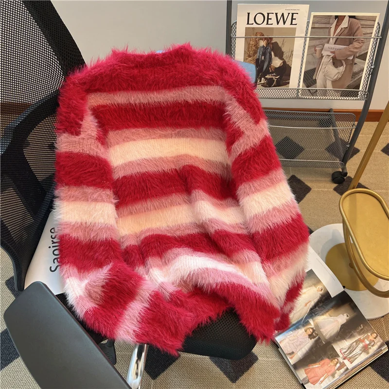 Y2k Aesthetic Red Mohair Soft Women Sweater Striped Grunge Autumn Harajuku Loose Pull Femme All Match Japanese Sueter Mujer