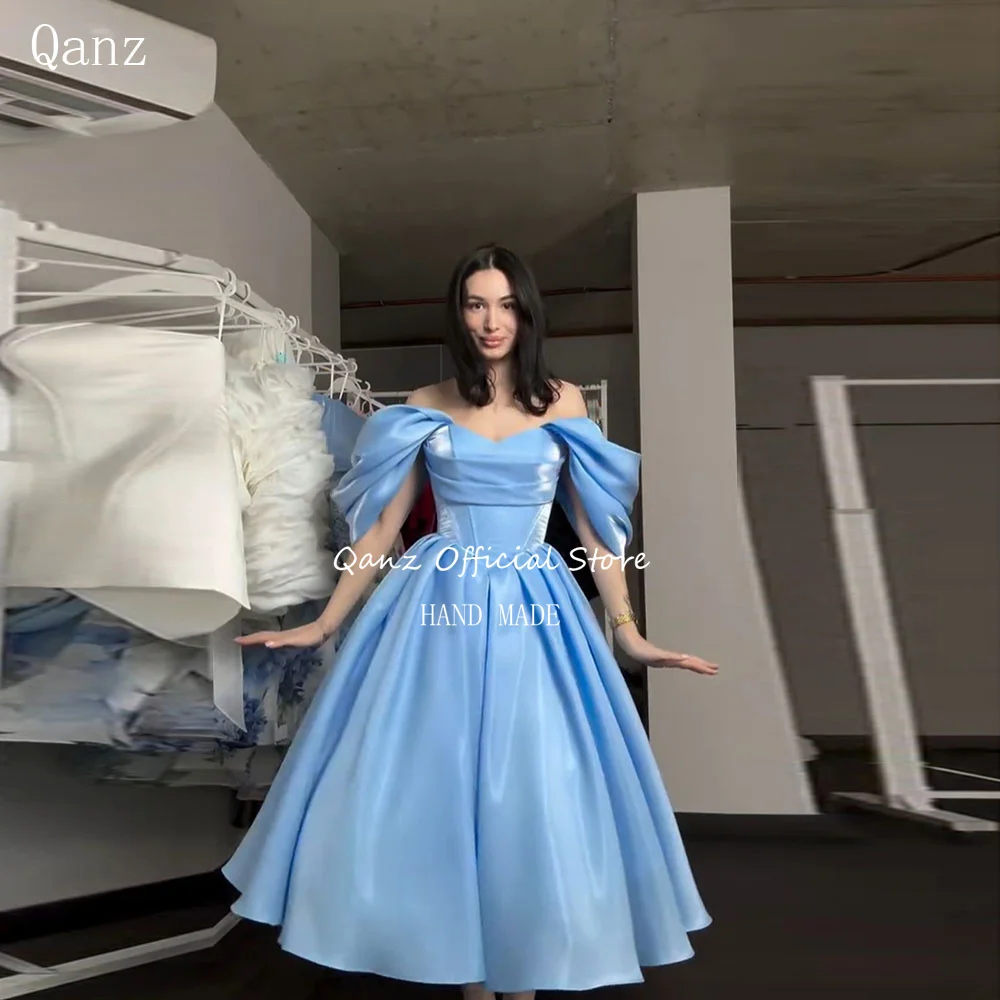 Qanz Elegant Sky Blue Prom Dress Off The Shoulder Backless Women's Wedding Party Attire A Line Vestidos De Fiesta Customized