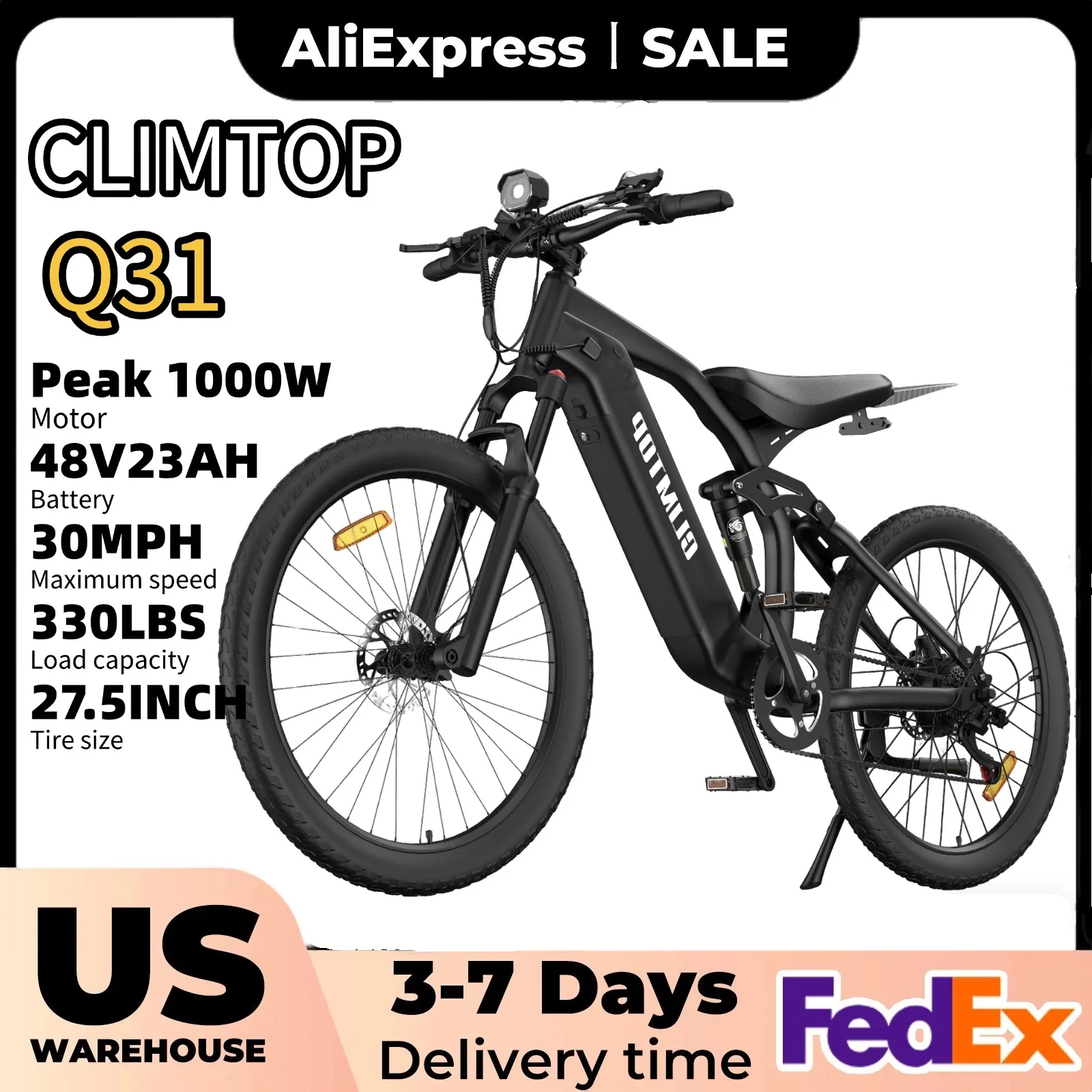 

CLIMTOP Electric Bike for Adults 1000W Motor 48V 23Ah Lithium Battery 27.5" E-bike Full Suspension Bicycle for Mountains Road