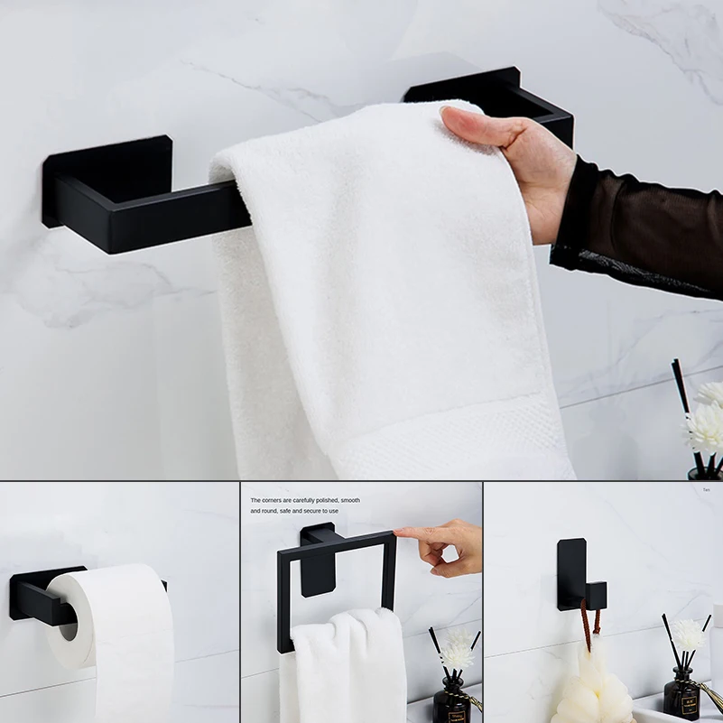 Black Self-adhesive Bathroom Hardware Set Stainless Steel Toilet Paper Holder Towel Rack Hook Bathroom Organizer Accessories Kit