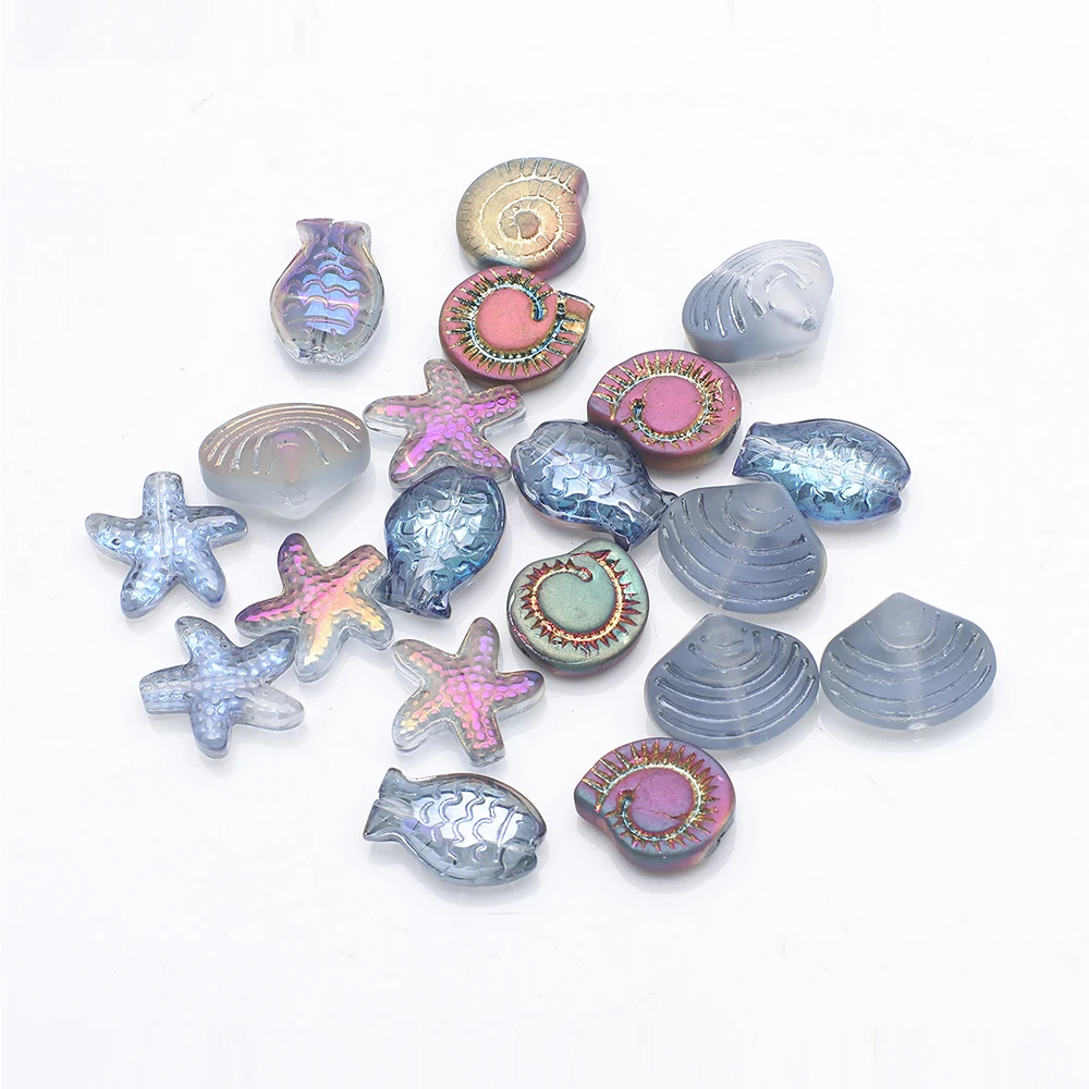 20Pcs Mixed Shape Starfish /Snail /Shell/ Small Fish Crystal Glass Beads DIY Making Earing Necklace Waist Jewelry Accessories