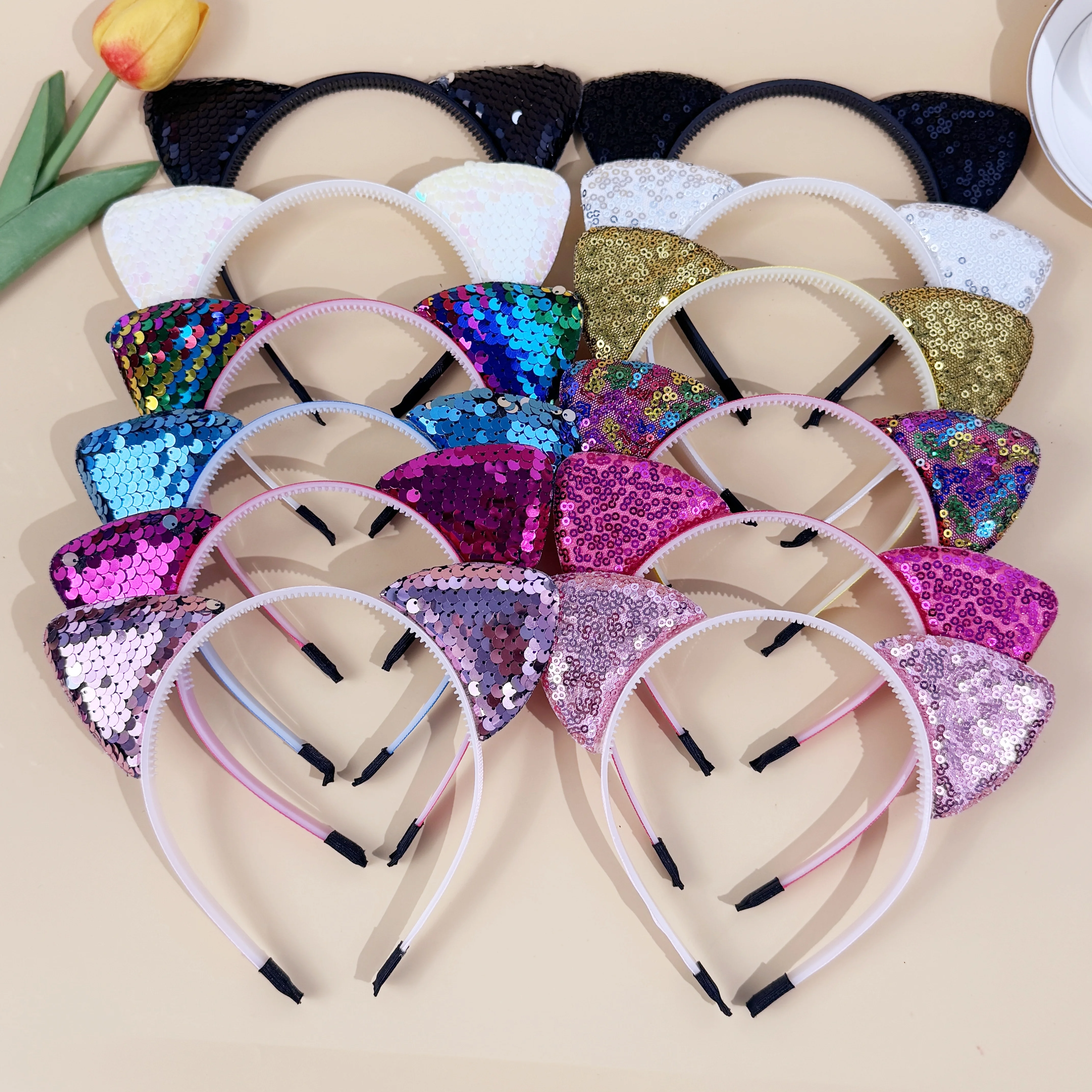 6/12pcs Sequin Cat Ear Headbands Girls Party Hairbands Cute Glitter Cat Ear Hairband Kitty Headbands Kids Party Hair Accessories