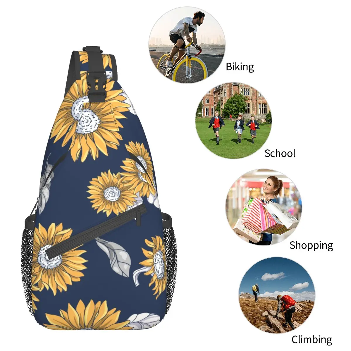 Autunno girasoli borse a tracolla a tracolla uomo donna borsa a tracolla zaino a tracolla blu Navy e giallo Daypack escursionismo borsa da campeggio da viaggio