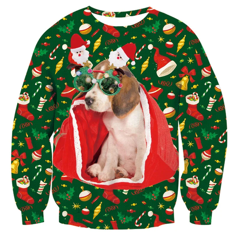 هوديي عيد الميلاد القبيح الكرتوني، هوديي ممتع لعيد الميلاد للرجال والنساء، بلوفر بأكمام طويلة ورقبة دائرية مطبوع ثلاثي الأبعاد للكلاب والقطط #2