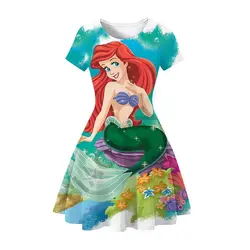 Disney Mermaid Dress Girls Short Sleeve Milksilk Clothes Birthday Party Dresses For Little Kids 3-8 Years