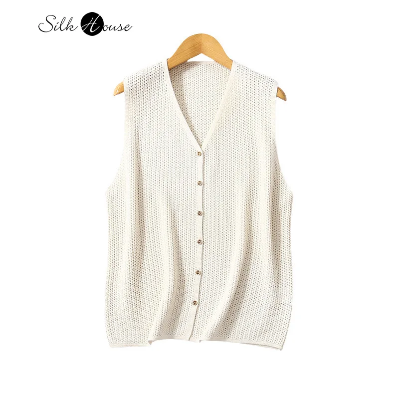 Women's Early Autumn New Hollow Knitted Vest High-end Feel 64% Natural Mulberry Silk V-neck Sleeveless Knitted Cardigan