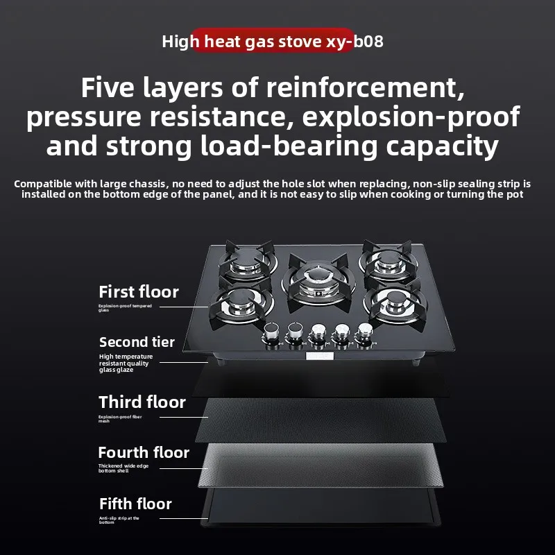 Tempered Glass 5 Burner Gas Cooktop Built-in Five Head Stove LPG Natural Gas Kitchen Hob
